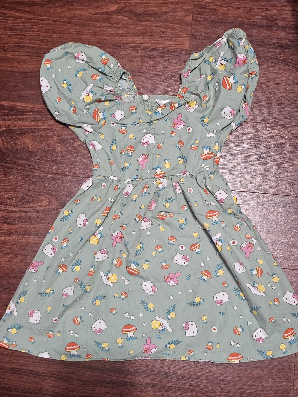 San Rio Girls' Olive Green Hello Kitty Puff Sleeve Dress